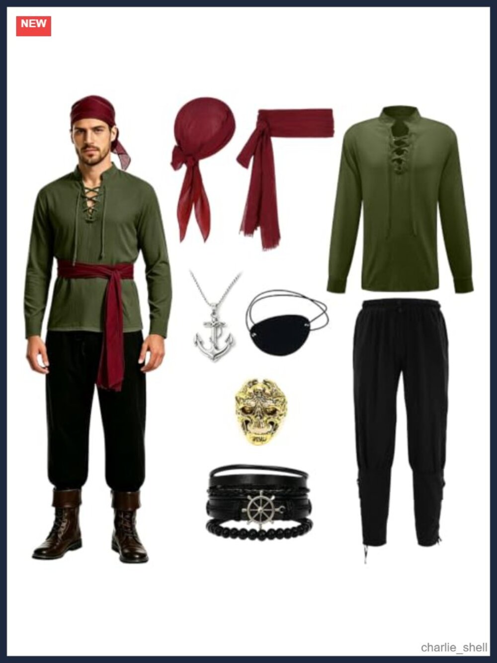 Men Pirate Costume Set Lace Up Shirt Pants Ren Faire Medieval LARP Halloween